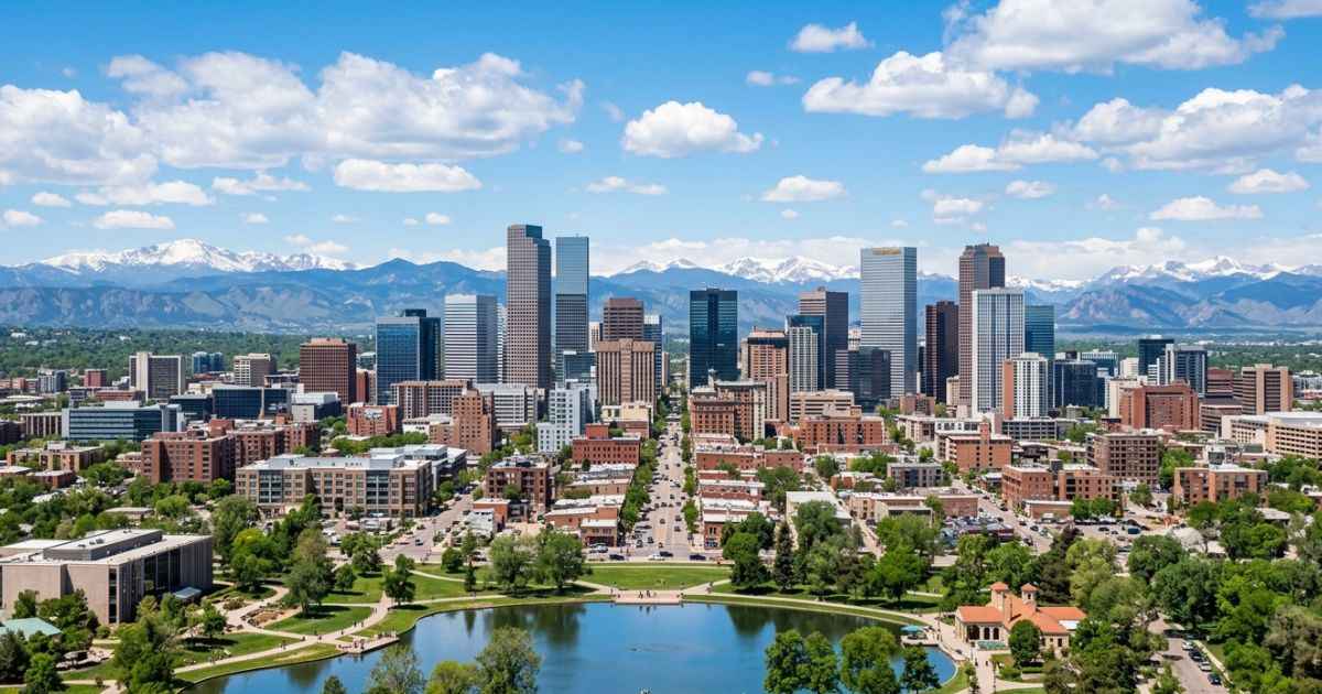 Panoramic view of downtown Denver skyline with the Rocky Mountains in the background under a sunny blue sky.