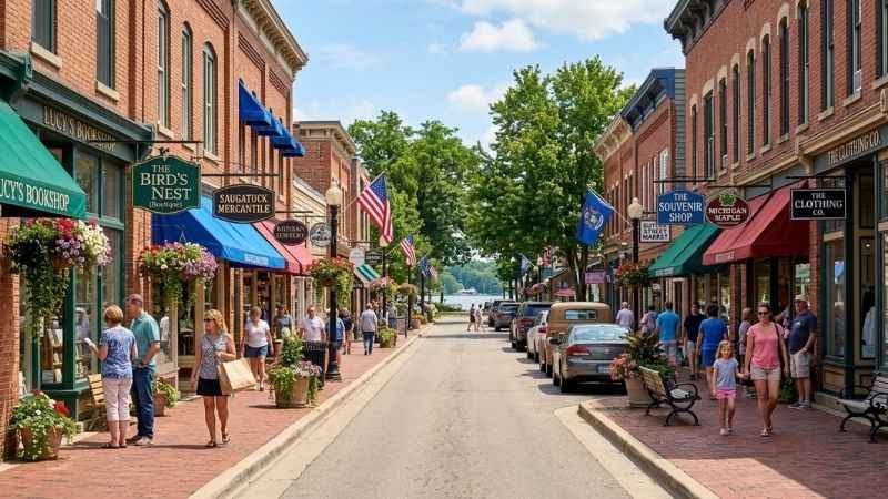 Pedestrians walking past boutique shops along historic Butler Street in downtown Saugatuck.