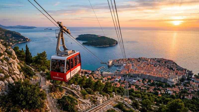 Dubrovnik cable car descending with panoramic views of the coast.
