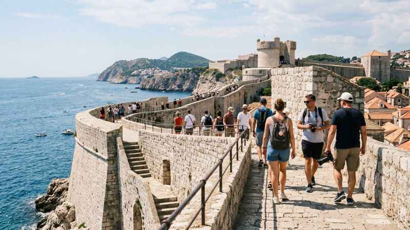 Visitors walking along the historic stone path of the Dubrovnik City Walls.