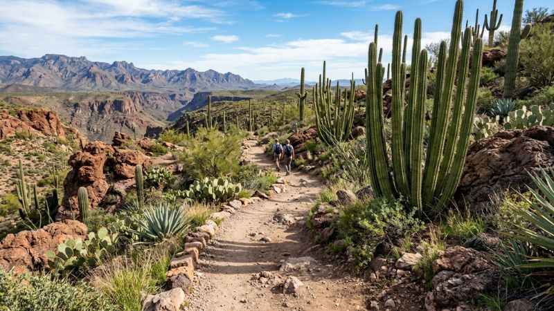 Hiking trails winding through botanical landscapes and cacti at El Charco del Ingenio nature reserve.