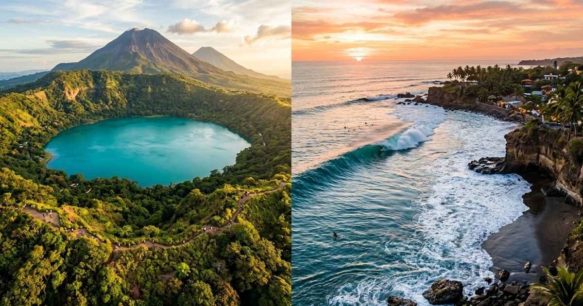 Panoramic landscape of El Salvador showing coastal waves, green volcanoes, and a vibrant travel destination view.