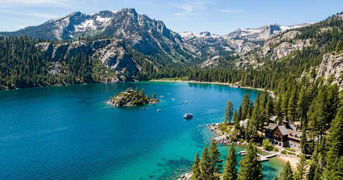 Aerial view of Emerald Bay State Park, Fannette Island, and Vikingsholm Castle in Lake Tahoe.