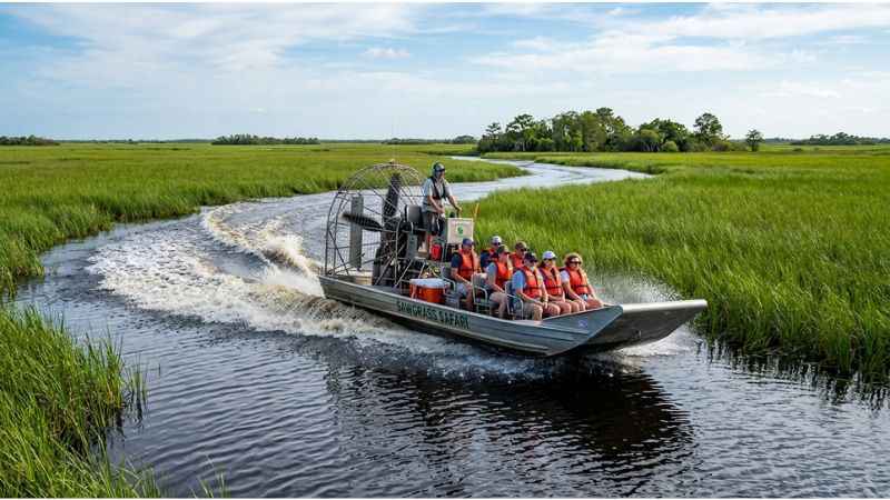 Airboat touring open waters and marshlands in Everglades National Park.