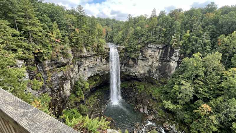 Water flowing over the high drop at Fall Creek Falls State Park in Tennessee.