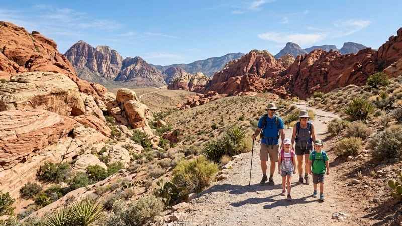 Family hiking together at Red Rock Canyon National Conservation Area.