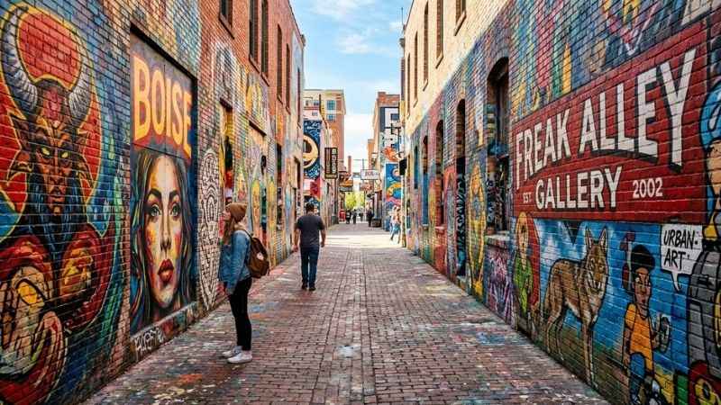 Colorful murals painted on brick walls inside Freak Alley Gallery in downtown