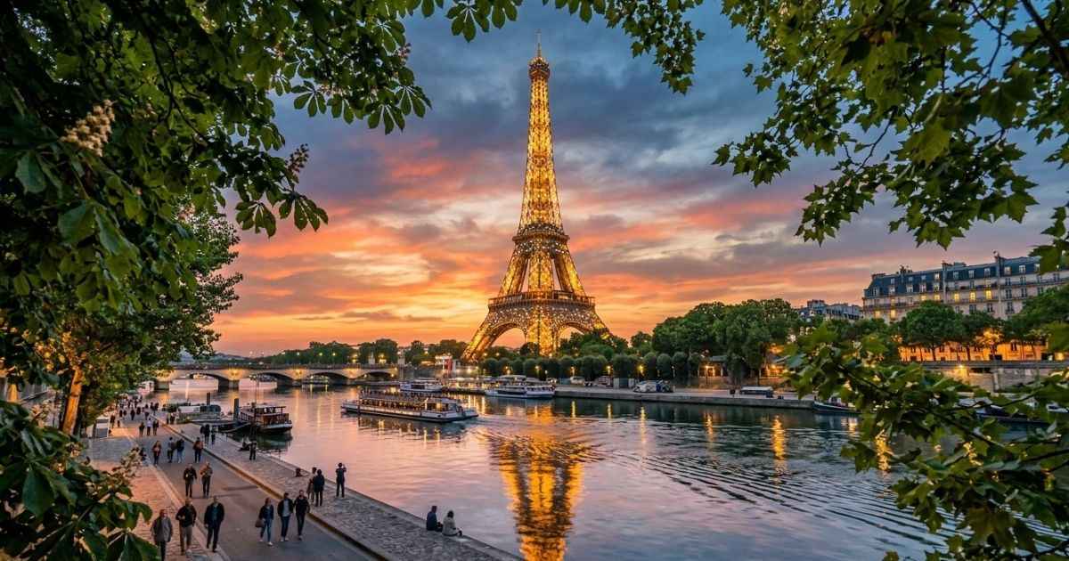 View of the Eiffel Tower framed by trees along the Seine river at sunset in Paris.