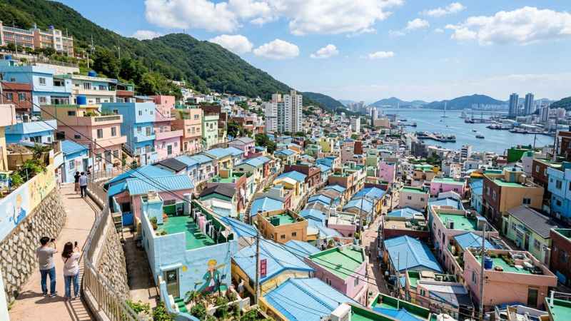Brightly colored houses and art installations at Gamcheon Culture Village overlooking Busan.