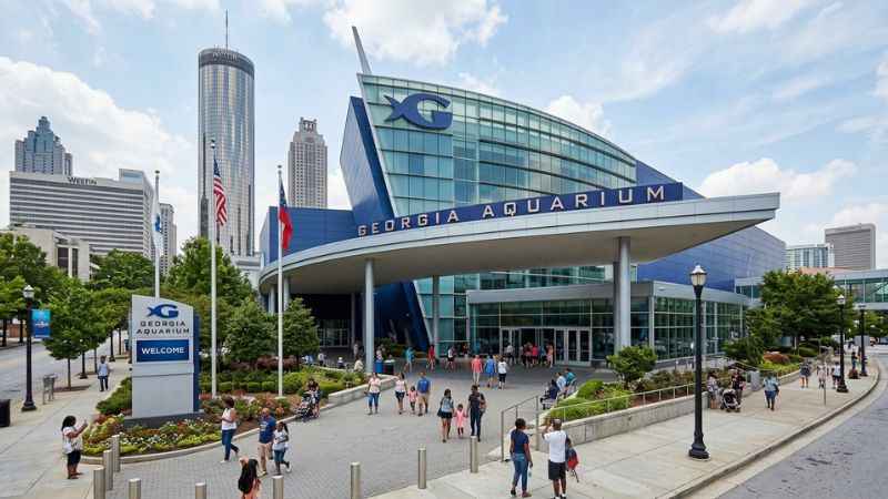 Exterior view of the main entry building of the Georgia Aquarium in downtown Atlanta.