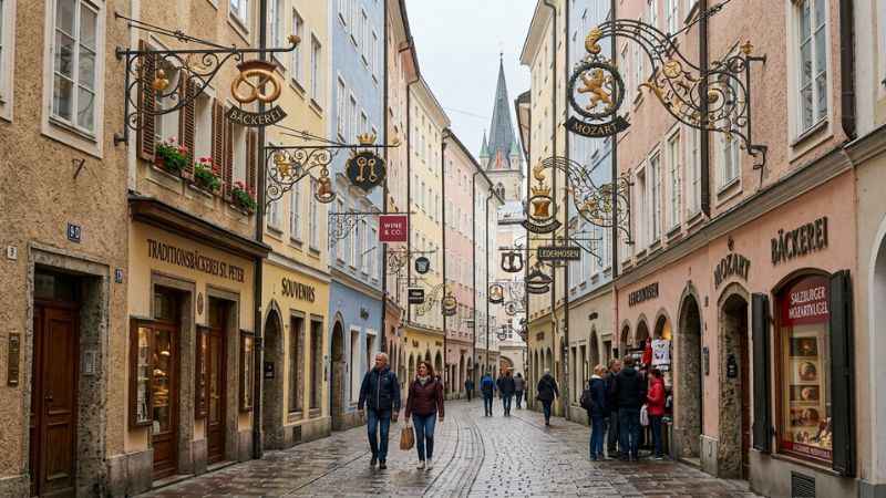 Historic shop signs hanging along the pedestrian shopping street Getreidegasse in Salzburg.