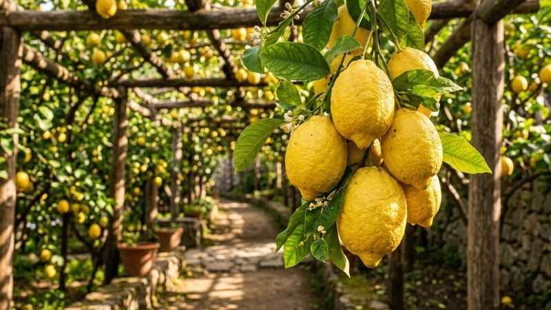 Fresh ripe lemons hanging on trees inside the I Giardini di Cataldo lemon grove in Sorrento.