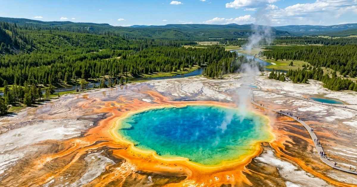 Vibrant colors of Grand Prismatic Spring viewed from the overlook trail in Yellowstone.