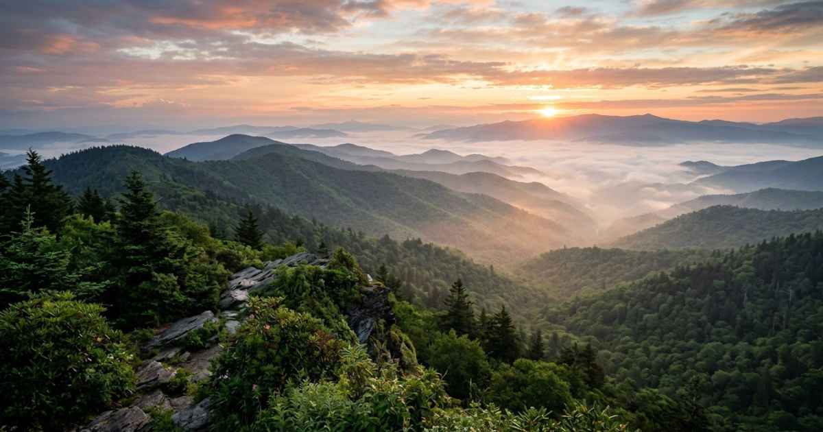 Misty morning sunrise over the forested ridges of the Great Smoky Mountains National Park in Tennessee.