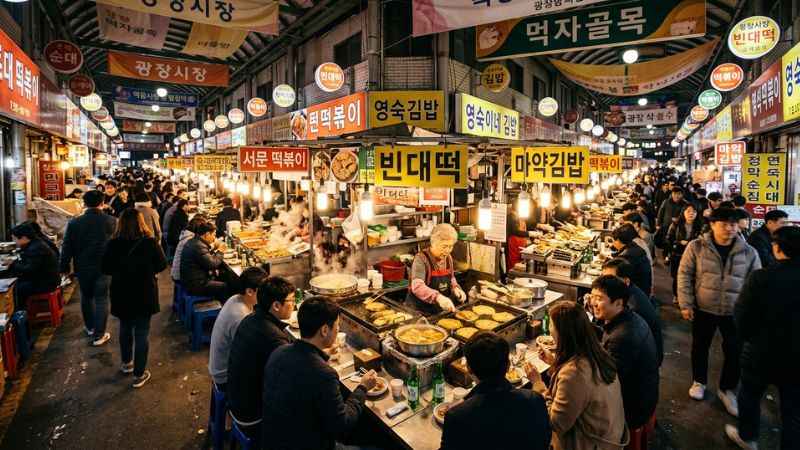 Crowded food stalls selling traditional Korean street food at Gwangjang Market in Seoul.