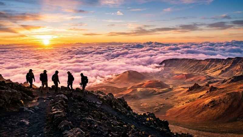 Breathtaking sunrise view above the clouds from the summit of Haleakalā National Park in Maui.