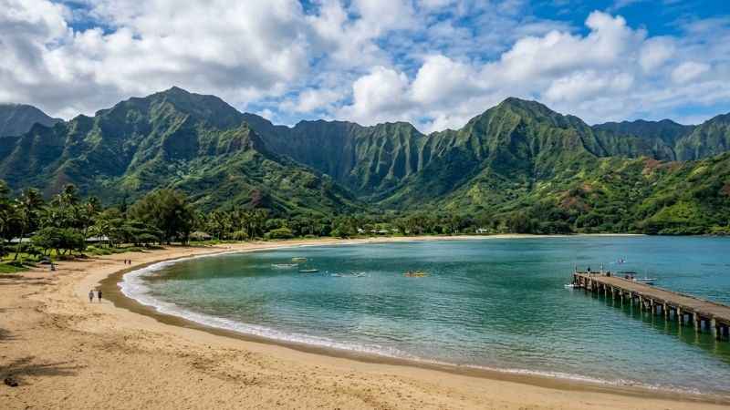 Scenic view of Hanalei Bay beach and mountains on the North Shore of Kauai