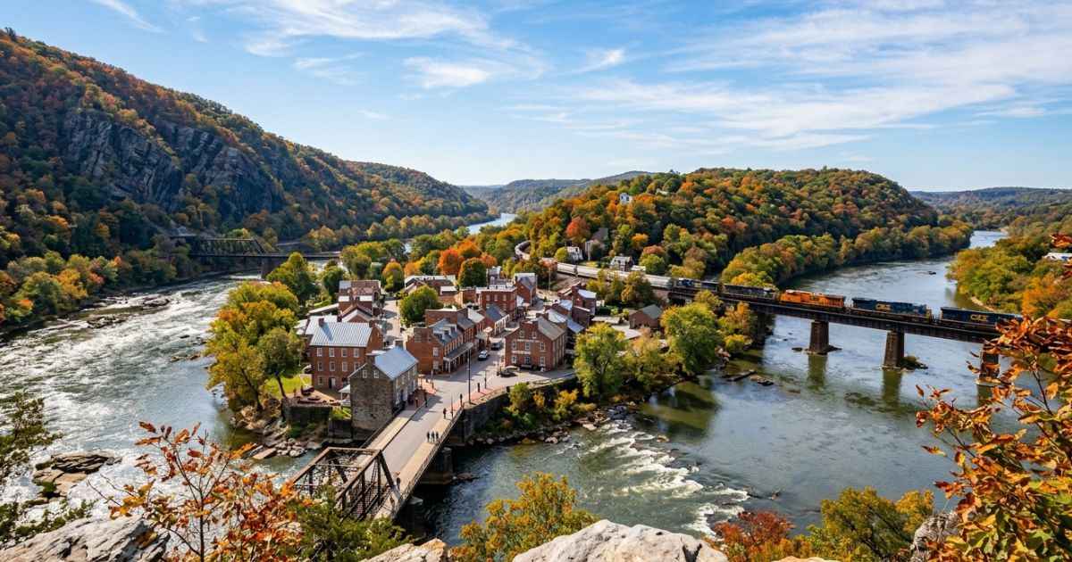 Scenic view of historic Lower Town Harpers Ferry nestled at the confluence of the Potomac and Shenandoah rivers with green mountains in the background.