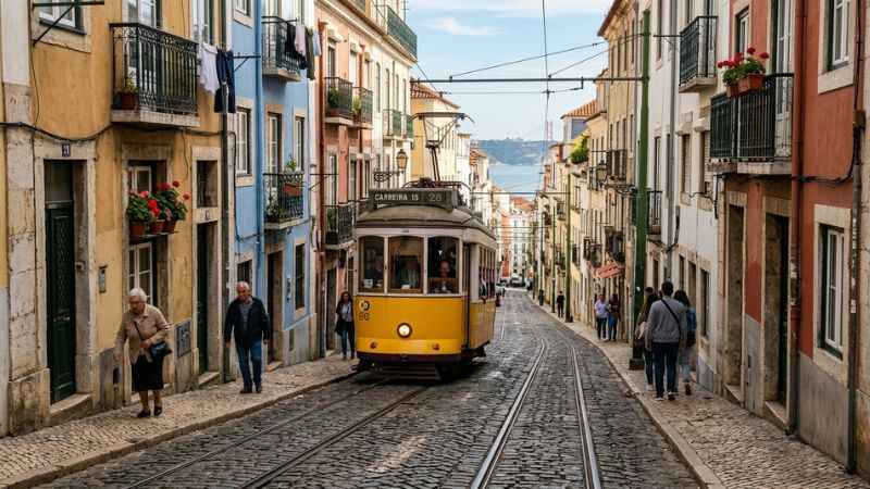 Historic yellow tram traveling up a steep, narrow cobblestone street in the neighborhood.