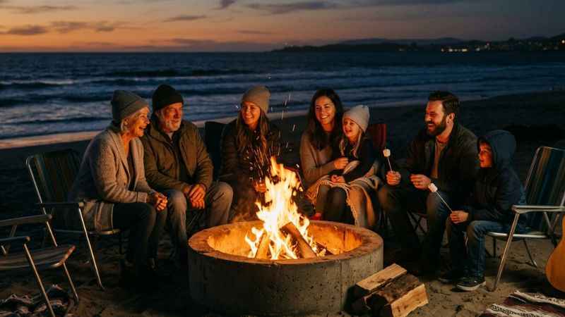 Family enjoying a beach bonfire in a concrete fire ring at Huntington State Beach.