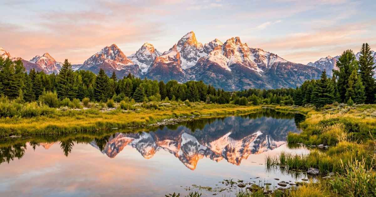 Panoramic sunrise view of the snowcapped Teton Range reflecting in the calm waters of Schwabacher Landing in Jackson Hole, Wyoming.