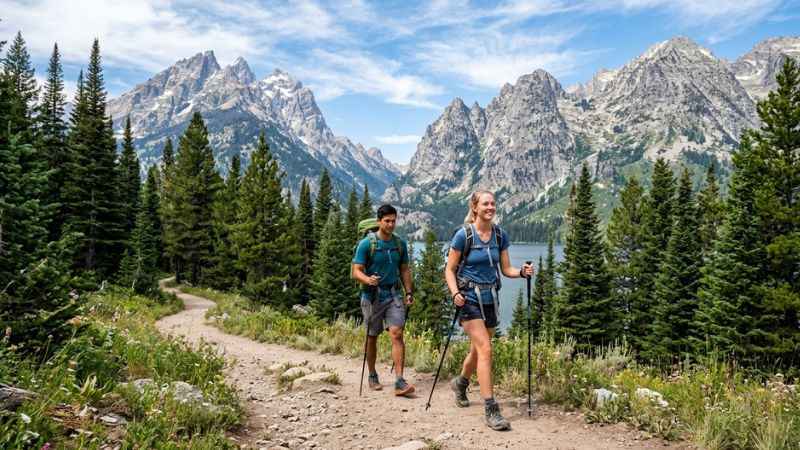 Hikers exploring the scenic trail near Jenny Lake inside Grand Teton National Park with towering mountain peaks overhead.