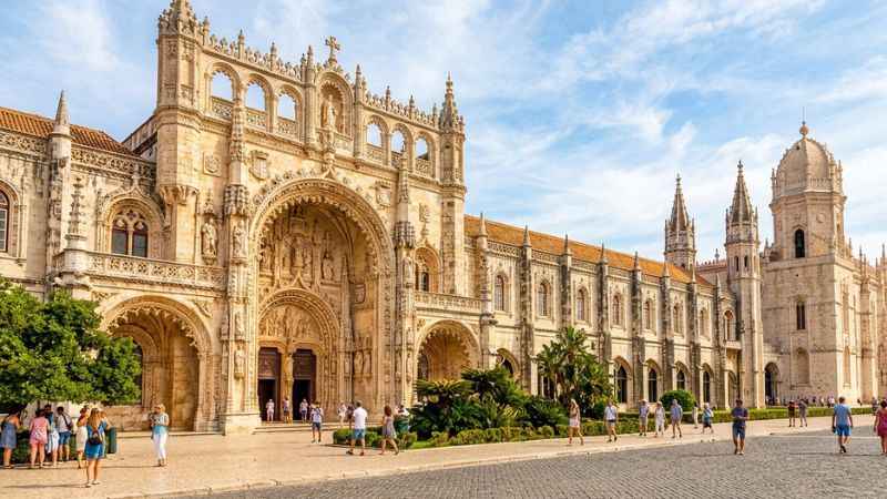 Historic stone architecture of the Jerónimos Monastery in the Belém district of Lisbon.