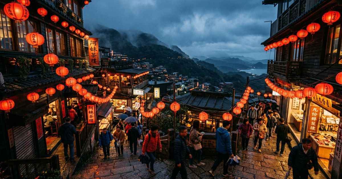 Glowing red lanterns hanging along a historic pedestrian stairwell in Jiufen, Taiwan at twilight.
