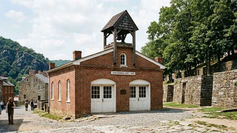 Historic red-brick John Brown's Fort building located in Arsenal Square within Lower Town Harpers Ferry.