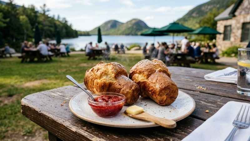 Freshly baked popovers served with jam on the outdoor lawn of the Jordan Pond House in Acadia National Park.