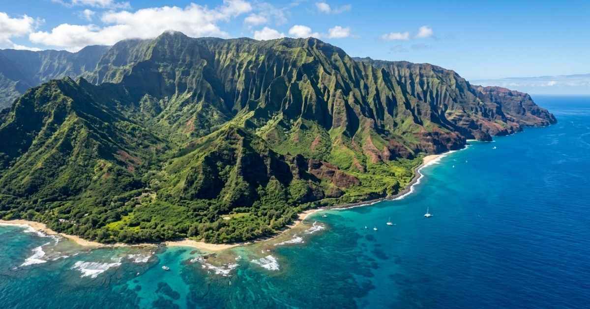 Aerial view of the Na Pali Coast green cliffs and blue ocean in Kauai