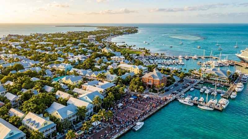 Aerial drone view of the turquoise waters and historic coastline of Key West during a sunny afternoon.