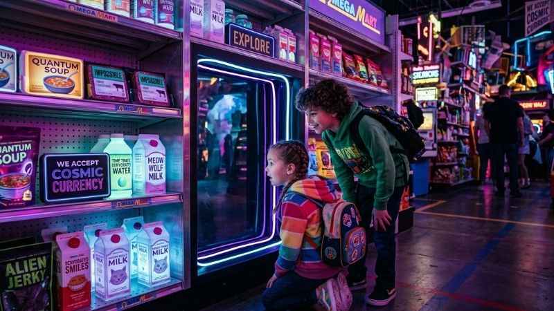 Kids looking at interactive displays inside Omega Mart Las Vegas.