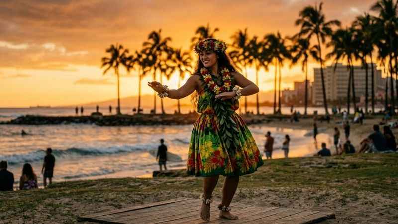 Dancers performing at the free Kūhiō Beach Hula Show in Waikiki.