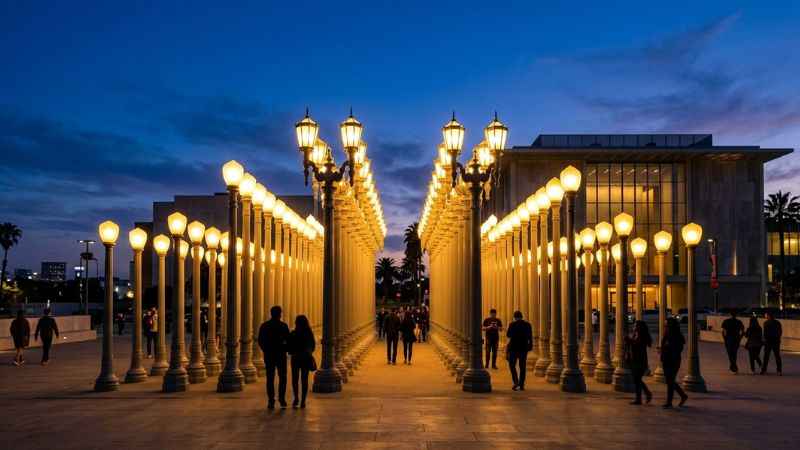 Visitors walking through the glowing Urban Light art sculpture at LACMA.