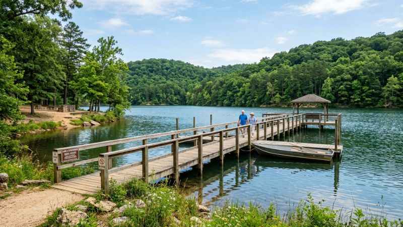 Peaceful lake view and surrounding hiking forest at Lake Leatherwood City Park