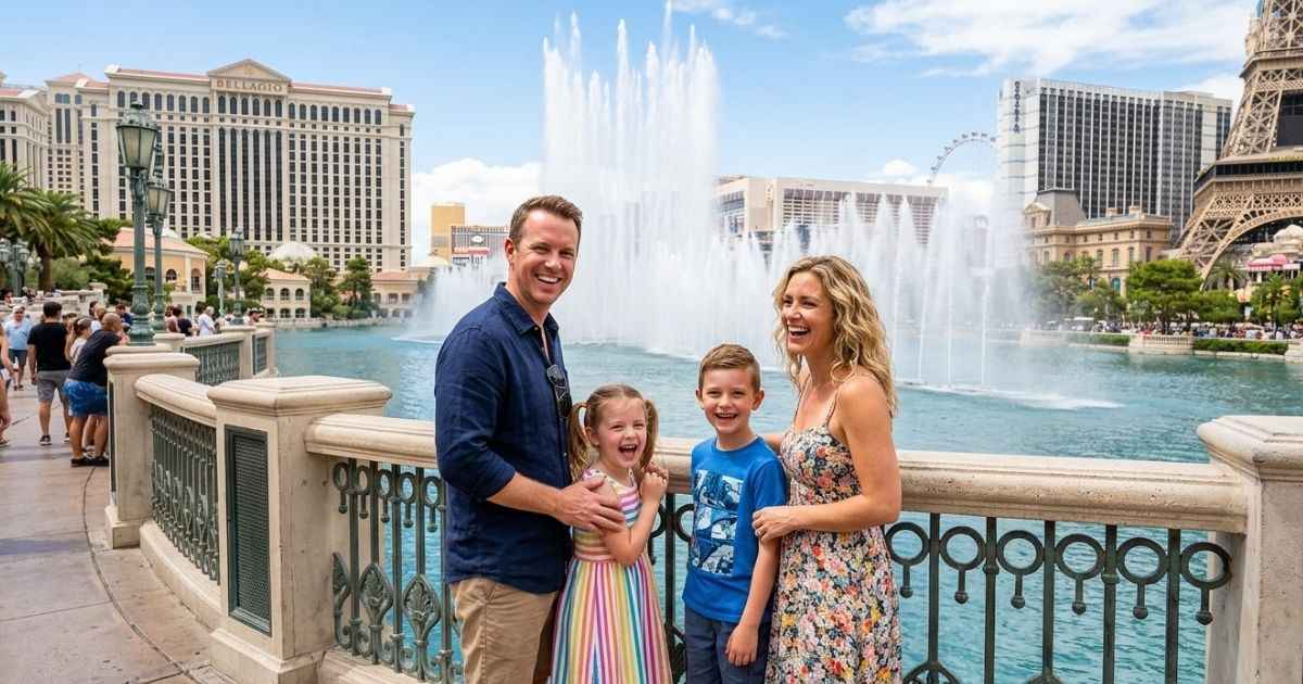 Family enjoying the dancing Bellagio Fountains in Las Vegas.