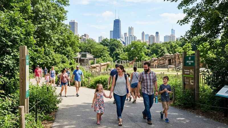 Visitors walking through the outdoor pathways at the free Lincoln Park Zoo in Chicago.