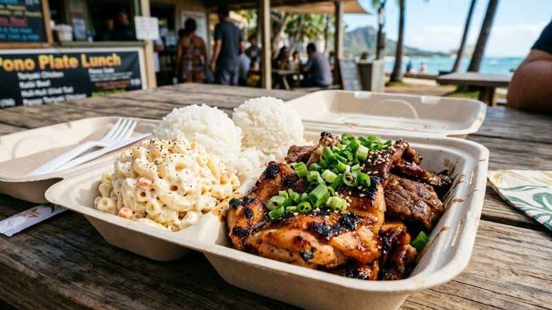 Traditional Hawaiian plate lunch with rice and local sides in Waikiki.