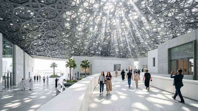 Sunlight filtering through the dome of the Louvre Abu Dhabi museum