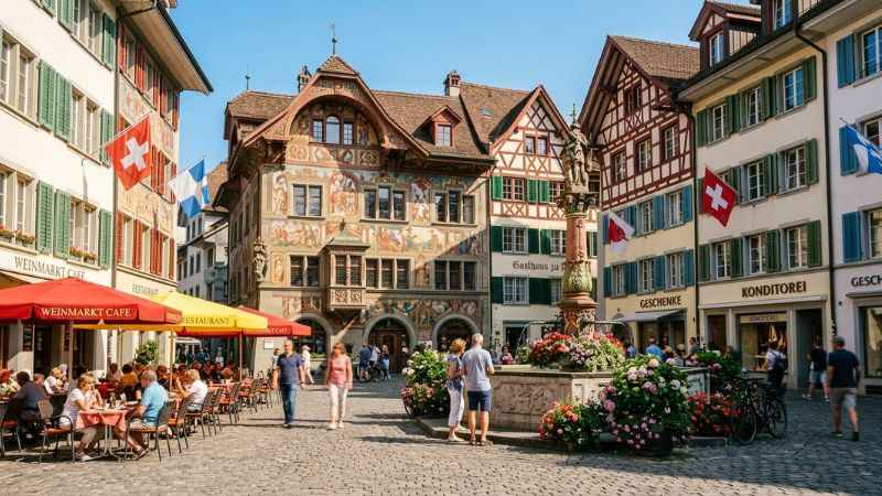 Historic frescoed buildings in the Old Town of Lucerne.