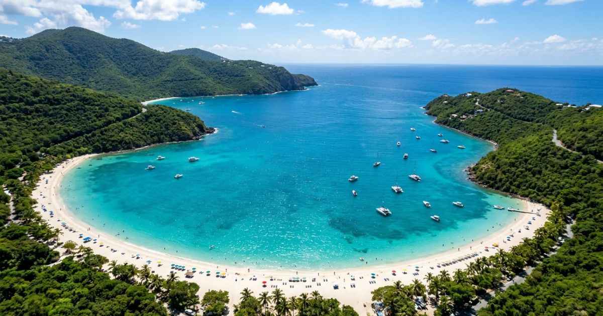 Aerial view of Magens Bay Beach showing turquoise water and white sand in St. Thomas.