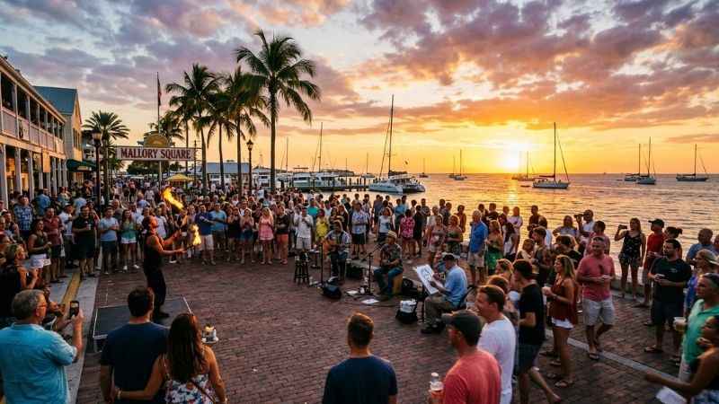 Crowds gathered at Mallory Square for the famous Key West sunset celebration overlooking the ocean.