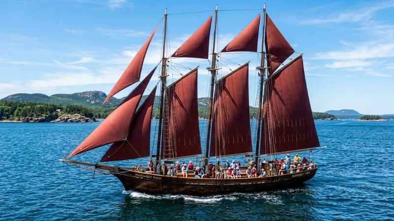 The four-masted schooner Margaret Todd sailing across Frenchman Bay near Bar Harbor, Maine.