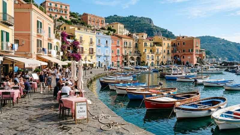 Colorful houses and small fishing boats lined up along the water at Marina Grande in Sorrento.