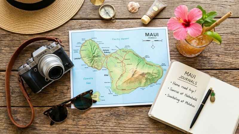 Travel planner gear including a camera, sunglasses, and map laid out for a Maui vacation.