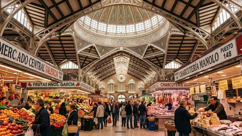 Bustling interior stalls and domed iron architecture of Mercado Central in Valencia.