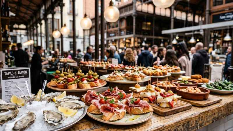 Fresh gourmet tapas and seafood displayed at a food stall inside Mercado de San Miguel.