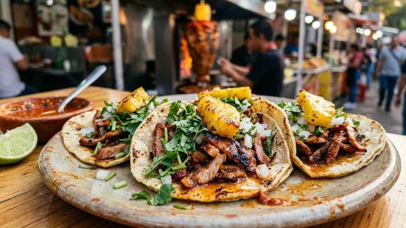 Freshly prepared al pastor street tacos served on small corn tortillas with cilantro and onion in Mexico City.