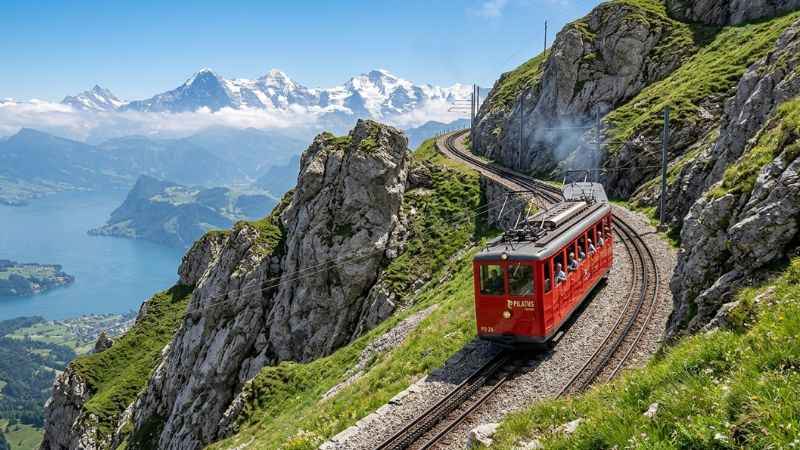 Red cogwheel train climbing up Mount Pilatus near Lucerne.